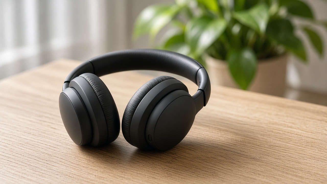 Headphones on a light wood table